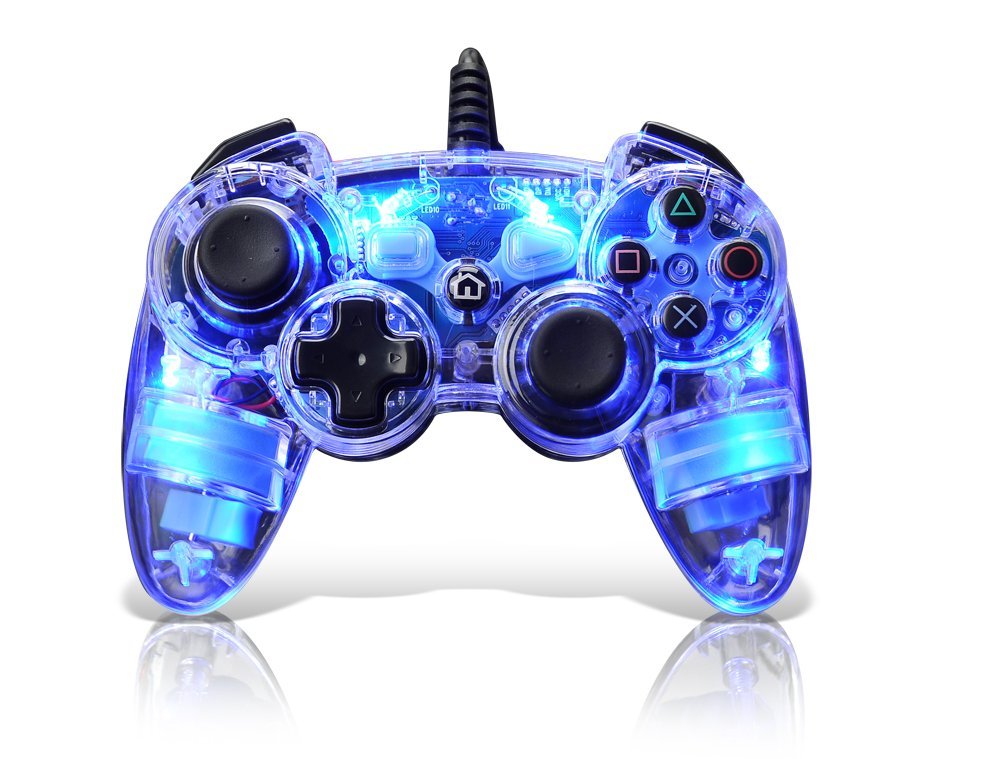 white ps3 controller with blue buttons